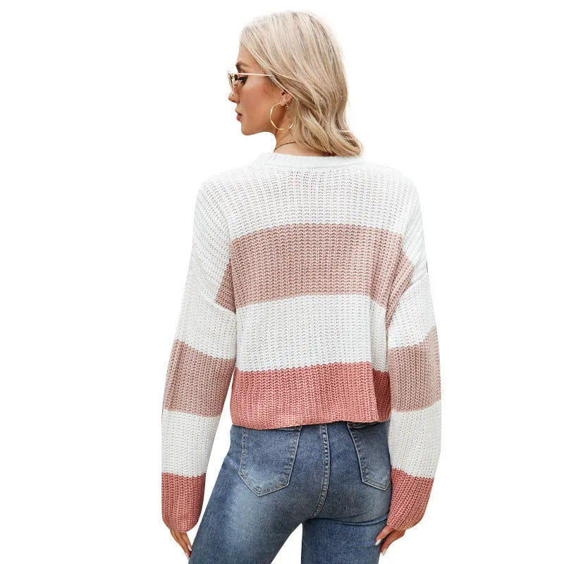 Women's short striped acrylic pullover with loose fit and regular sleeves in pink, dark blue, or yellow stripe options