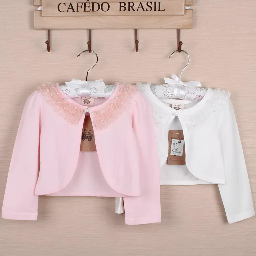 Girls' long-sleeved cotton lace coat in white or pink, solid colour summer top for heights 90cm to 160cm