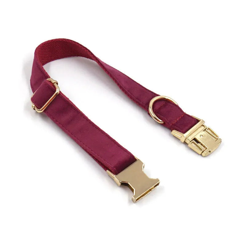 Soft burgundy velvet dog collar with gold metal clasp, available in XS to XL with optional engraving