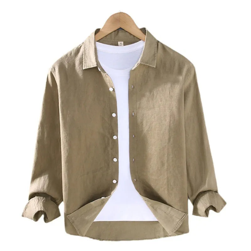 Men's linen shirt in simple cardigan style with long sleeves, solid colour design