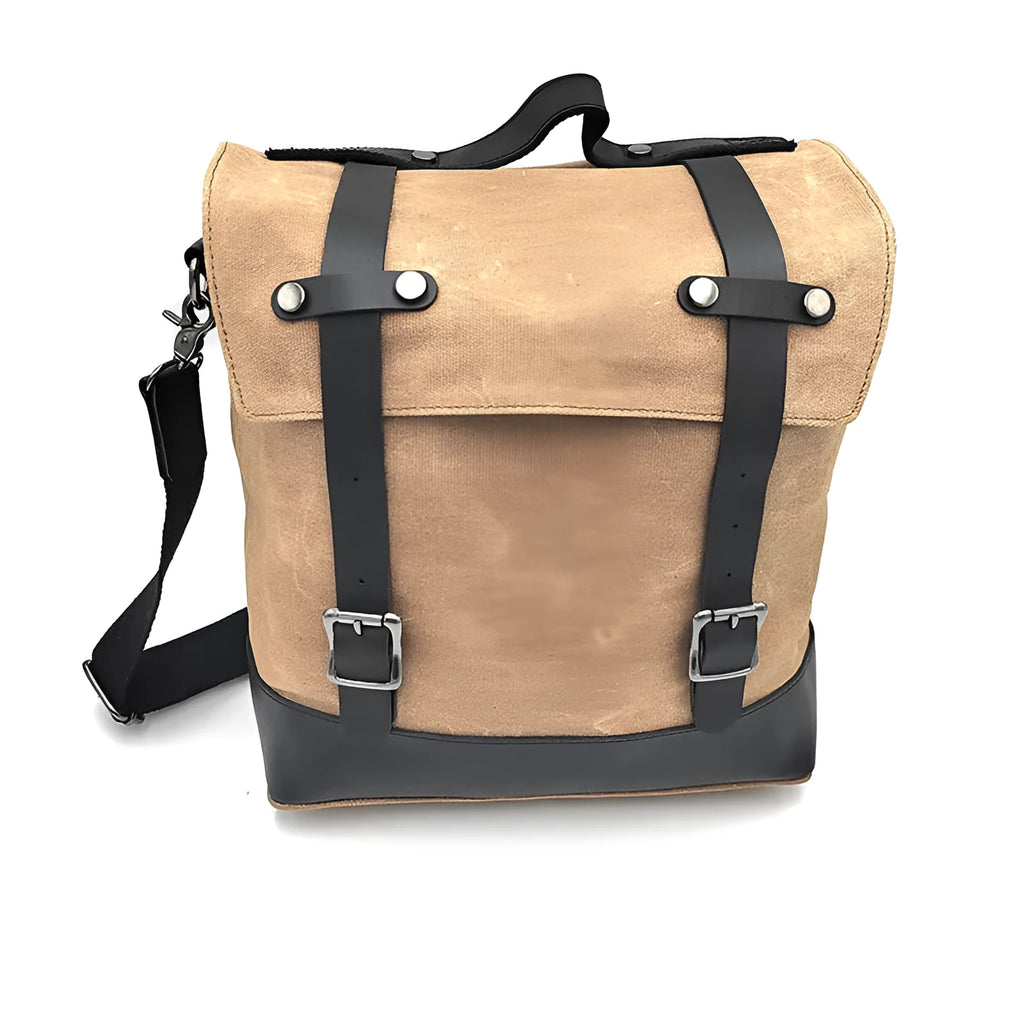 Waterproof canvas motorcycle side bag with cowhide details in black colour