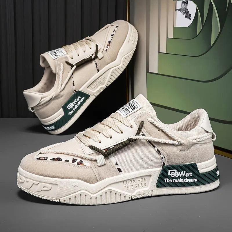Men's thick-soled canvas sneakers with rubber sole, sewn construction and round toe in beige green or white black