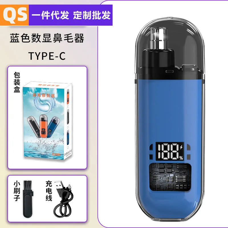 Rechargeable nose hair trimmer with removable cutter head and digital display in black, blue or orange options