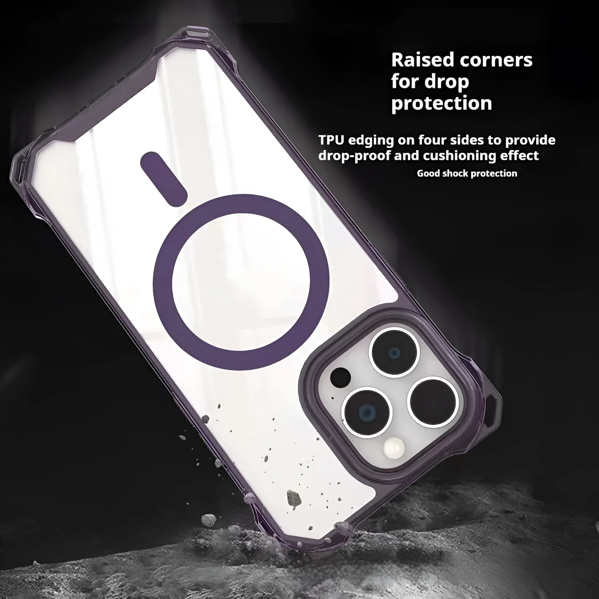 Shoulder lanyard TPU phone cover with magnetic suction, four-corner drop protection, and transparent black finish for Apple iPhone