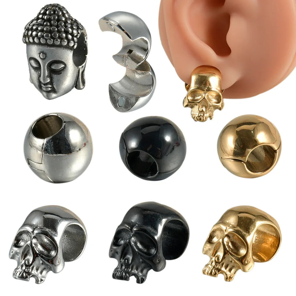 Stainless steel earrings with hollow skull and Buddha head geometric designs in multiple colour options