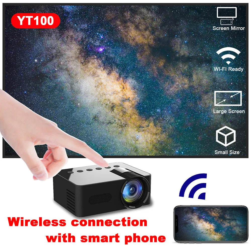 Black mini portable projector with USB power, wireless screen mirroring, 101x78x40mm body, and 165g weight