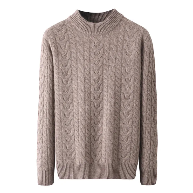 Men's wool sweater with half turtleneck and cable knit in navy blue, beige, or camel, fitted pullover, sizes S-XXXL