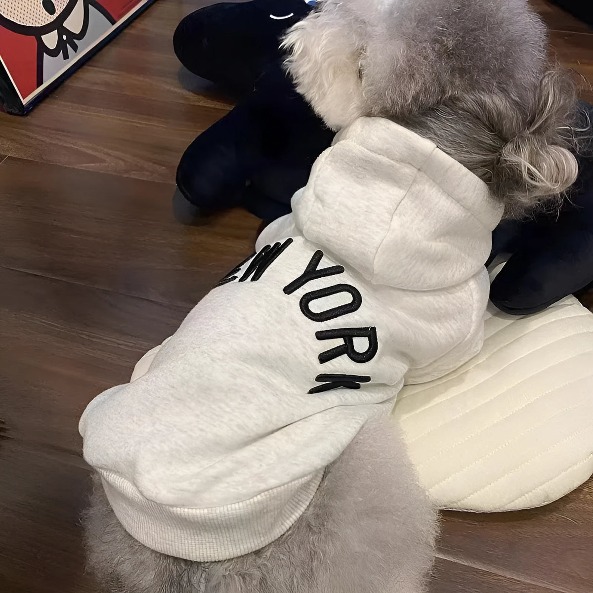 Light gray retro dog hoodie in polyester, pet clothing available in sizes S to 2XL