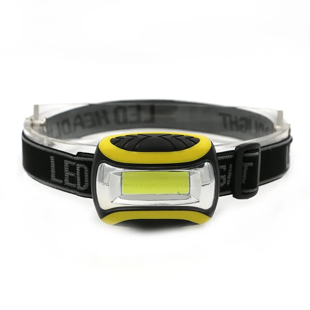 Yellow plastic headlamp with three-speed settings for hands-free outdoor and work lighting