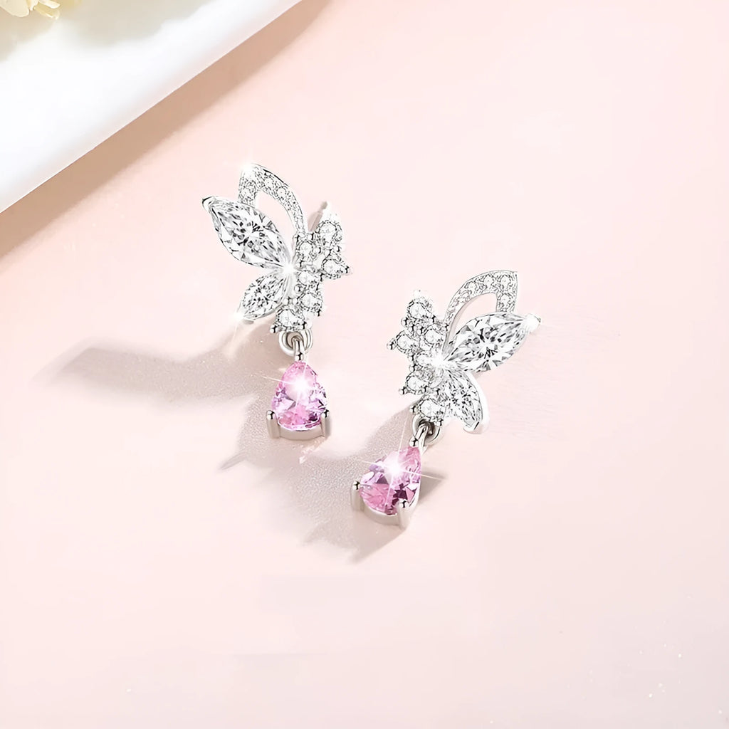 Silver butterfly stud earrings with crystal accents on 925 silver posts