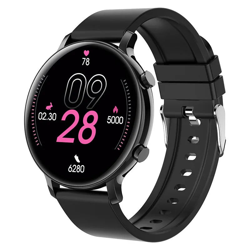 Black business smartwatch with stainless steel strap on a wrist, showing call and health tracking screen.