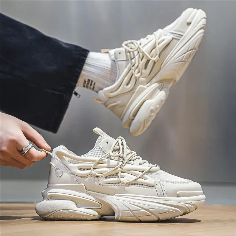 Men's beige and black mesh sneakers with rubber soles and lace-up front