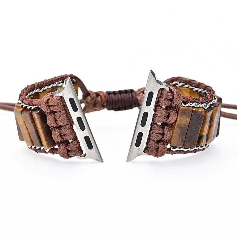 Rectangular tiger eye stone beads on adjustable textile watch strap for men in bohemian retro style
