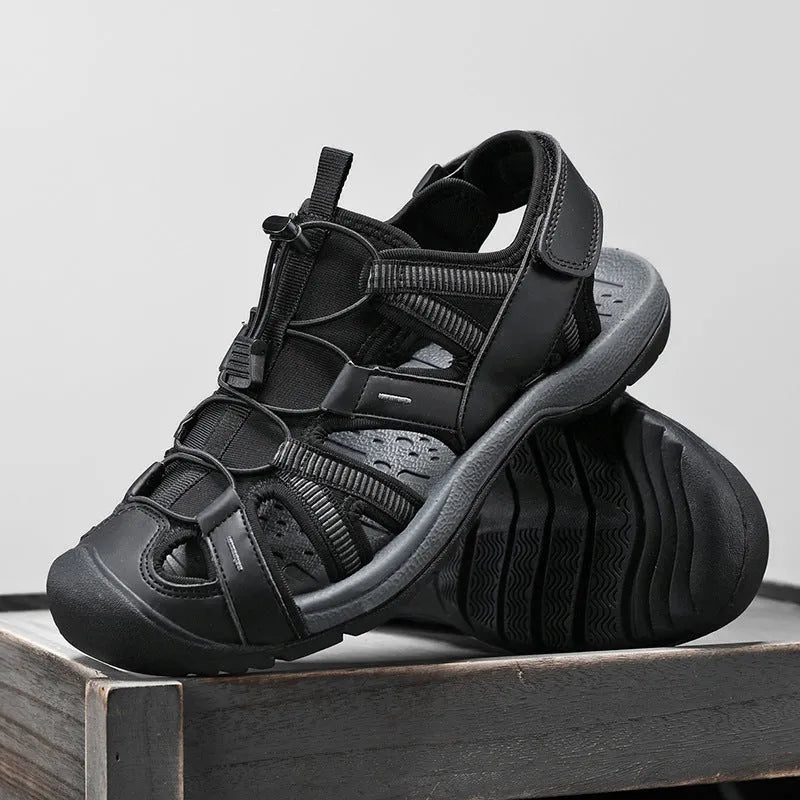 Men's blue casual sports shoe with mesh upper and Velcro strap on a rubber sole.