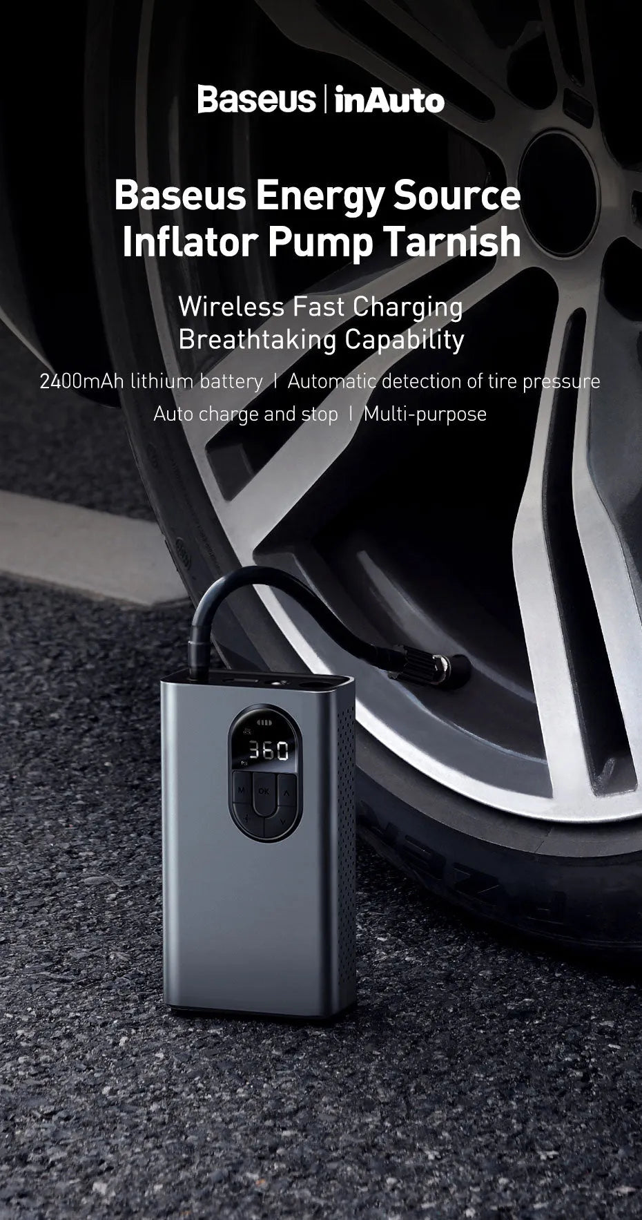 Portable car air pump with 2400mAh rechargeable battery, 54W power, and 610g weight for car tyre inflation
