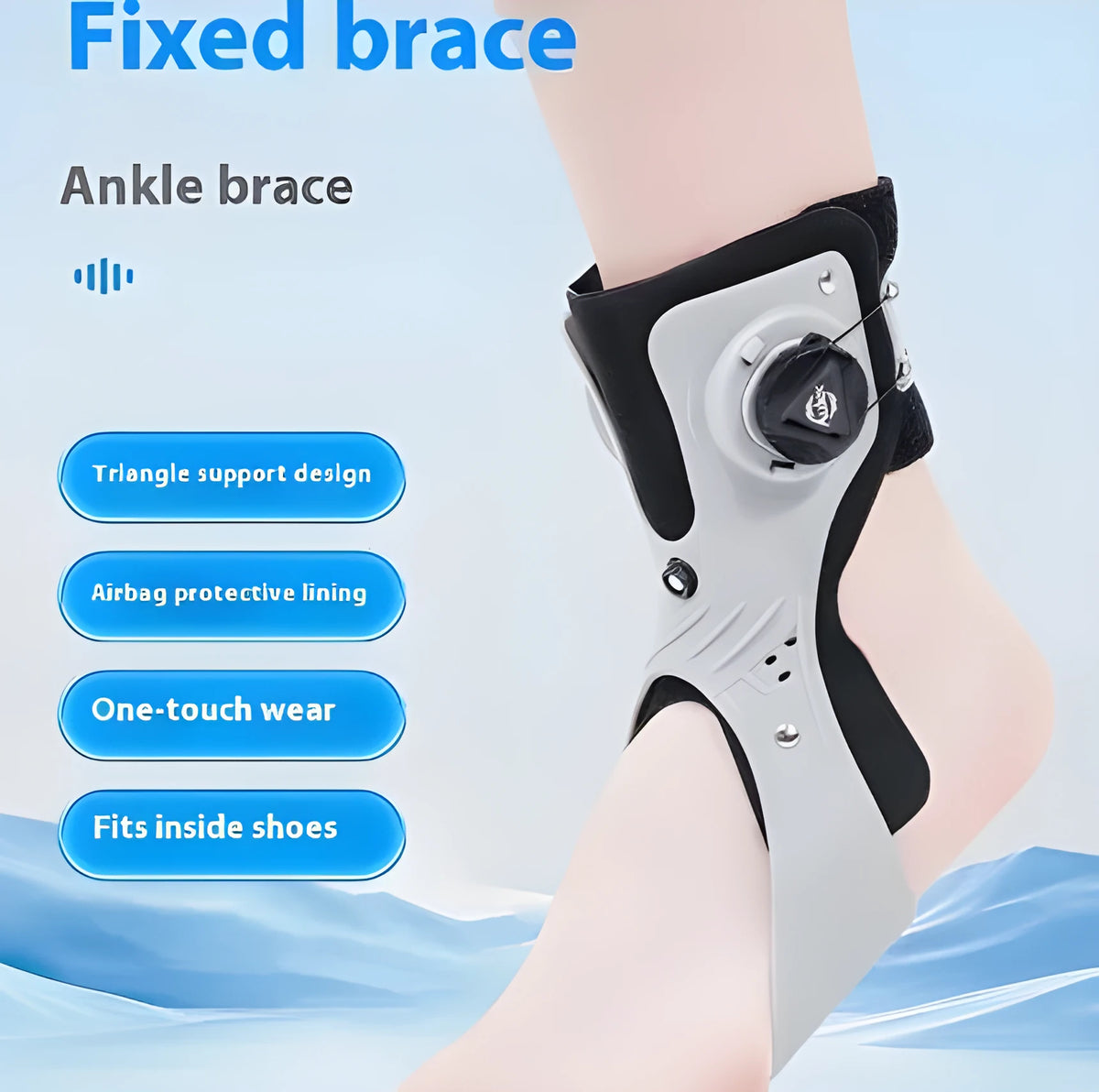 Grey and black adjustable airbag button ankle support brace for left or right foot.