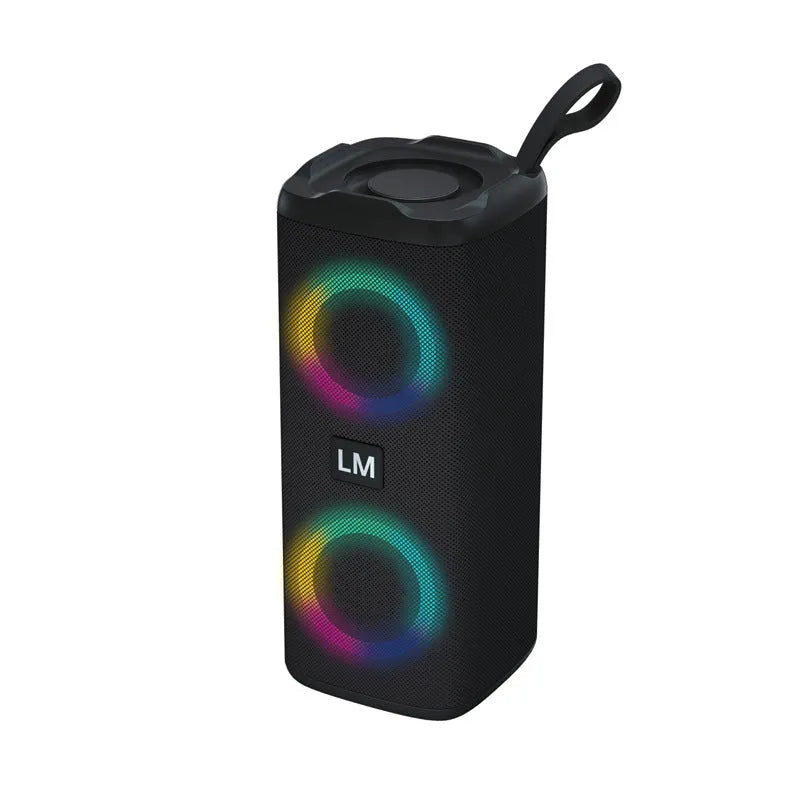 Bluetooth portable speaker with dazzling light effects, water-resistant plastic body, 76x73x186mm, available in black