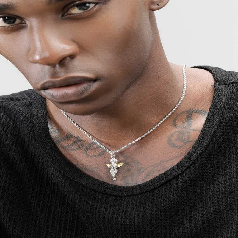 925 sterling silver gold winged angel pendant necklace for men with steel or sterling silver chain options