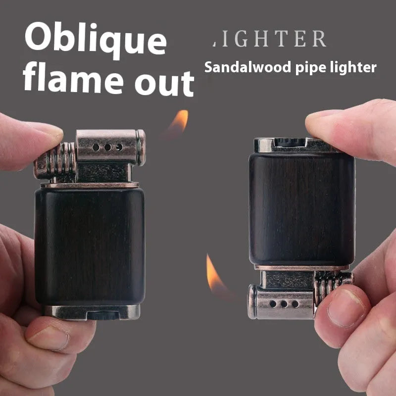 Decorative metal gas lighter with black wood finish and rosewood good luck designs