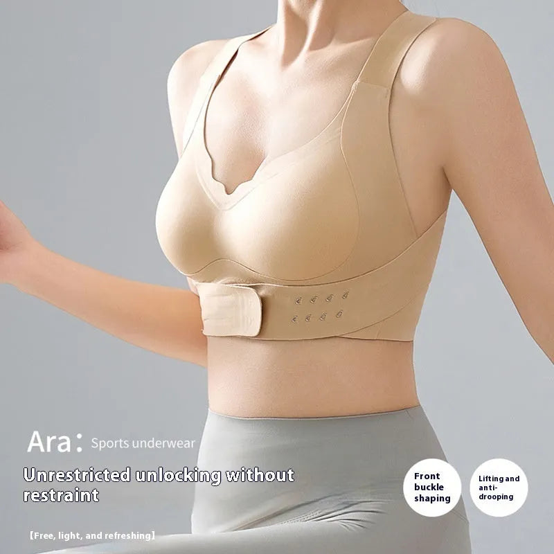 Women's front buckle exercise bra for yoga and cross training with 3/4 moulded cups