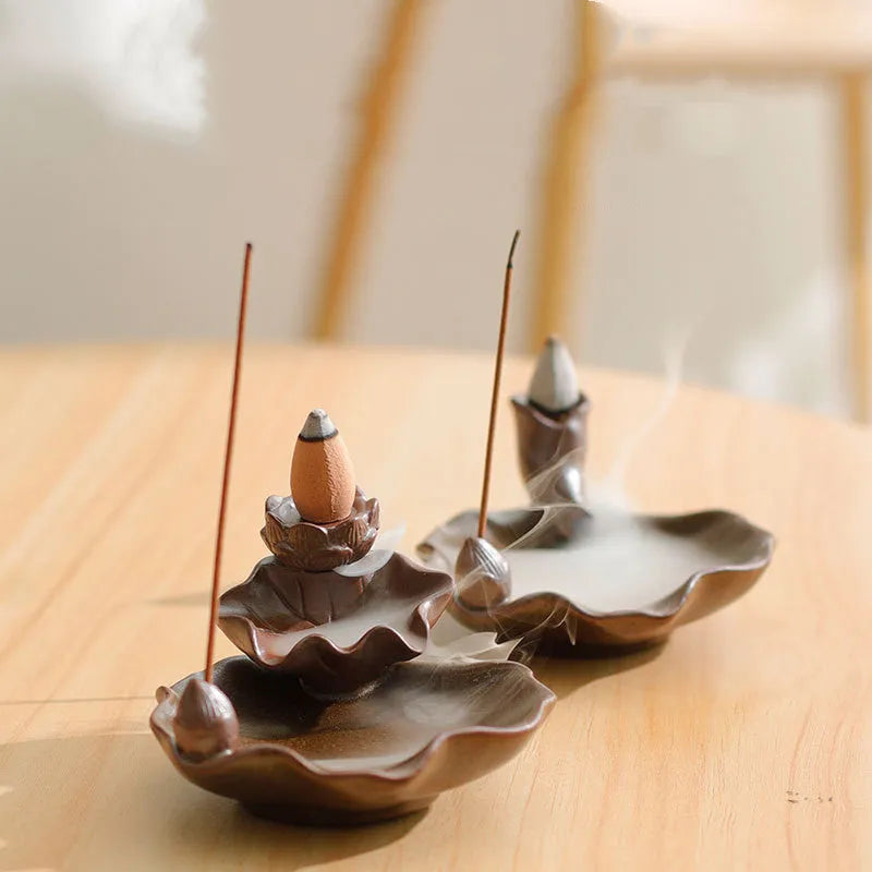 Ceramic reverse flow incense burner with good luck patterns and lotus design in square form