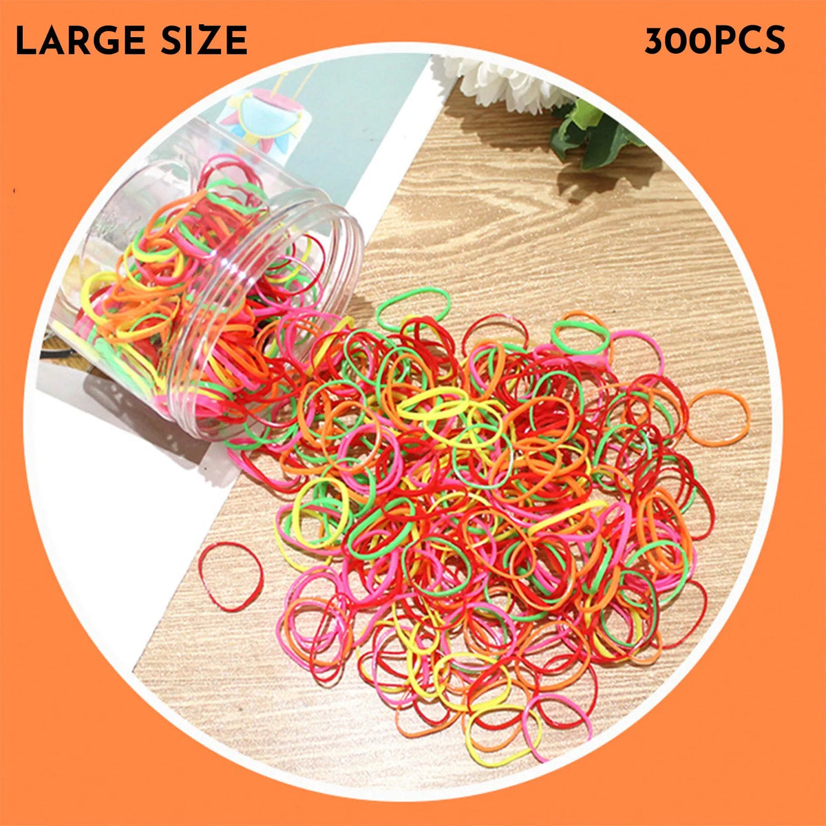 Multi-colour TPU baby hair elastic bands spilling from a reusable container.