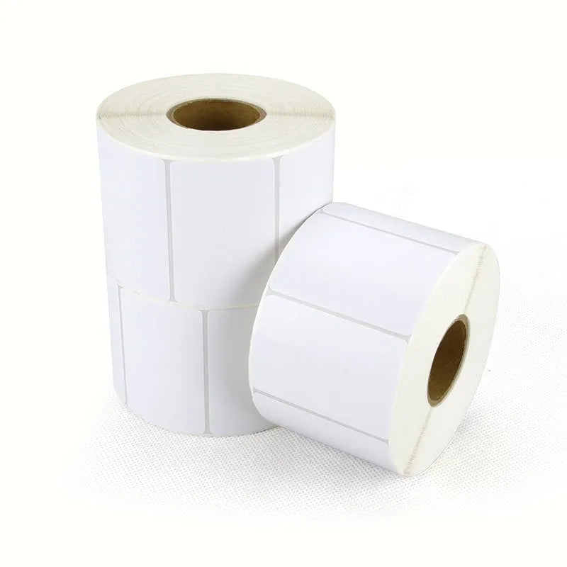 Roll of bright white 40x40mm thermal synthetic paper adhesive labels for retail pricing