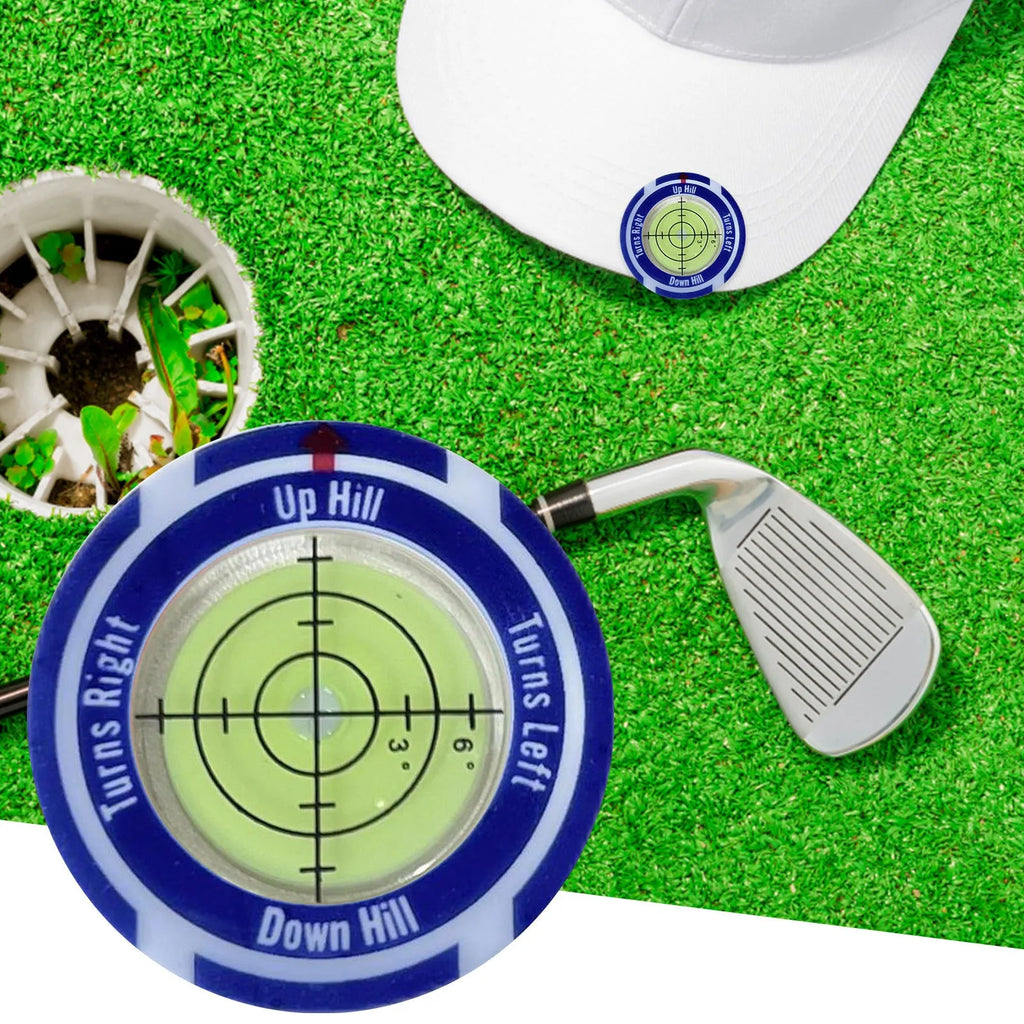 Golf level hat clip device showing coloured water indicator for slope measurement