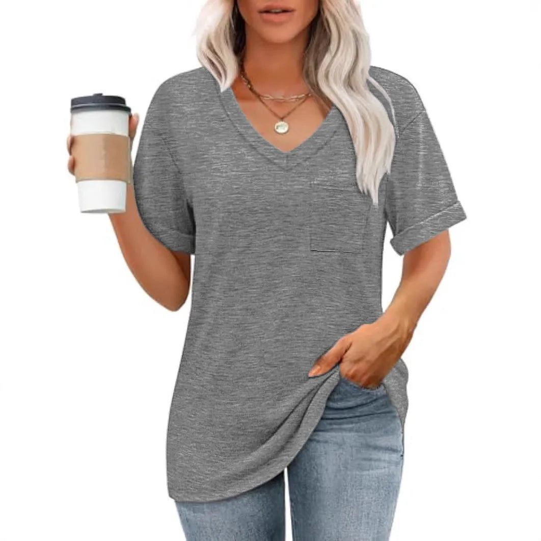 Grey loose fit men's V-neck T-shirt with a chest pocket on a solid background.