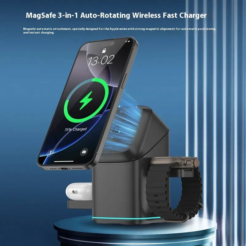 Black magnetic wireless charging stand showing phone attachment and 180-degree rotation adjustment
