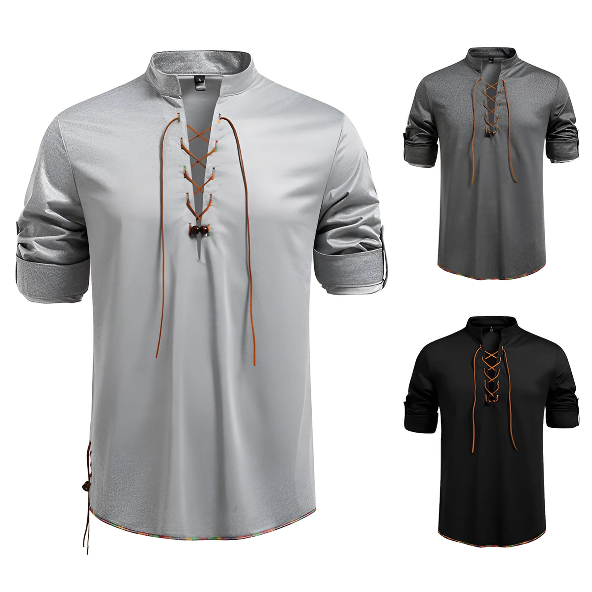 Men's stand-up collar long sleeve T-shirt with drawstring, slim fit pullover in light gray, dark gray, or black