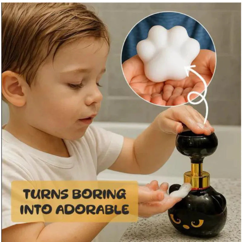 Black cartoon cat-shaped plastic foam soap dispenser with dimensions 10x10x18cm