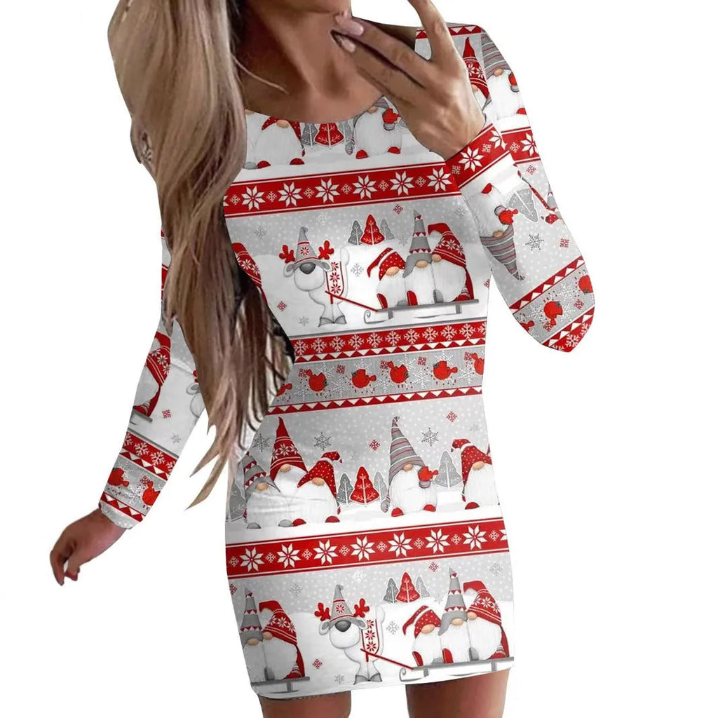Printed Christmas dress with animal pattern and floral design, tight-fitting hip skirt with mid waist and long sleeves