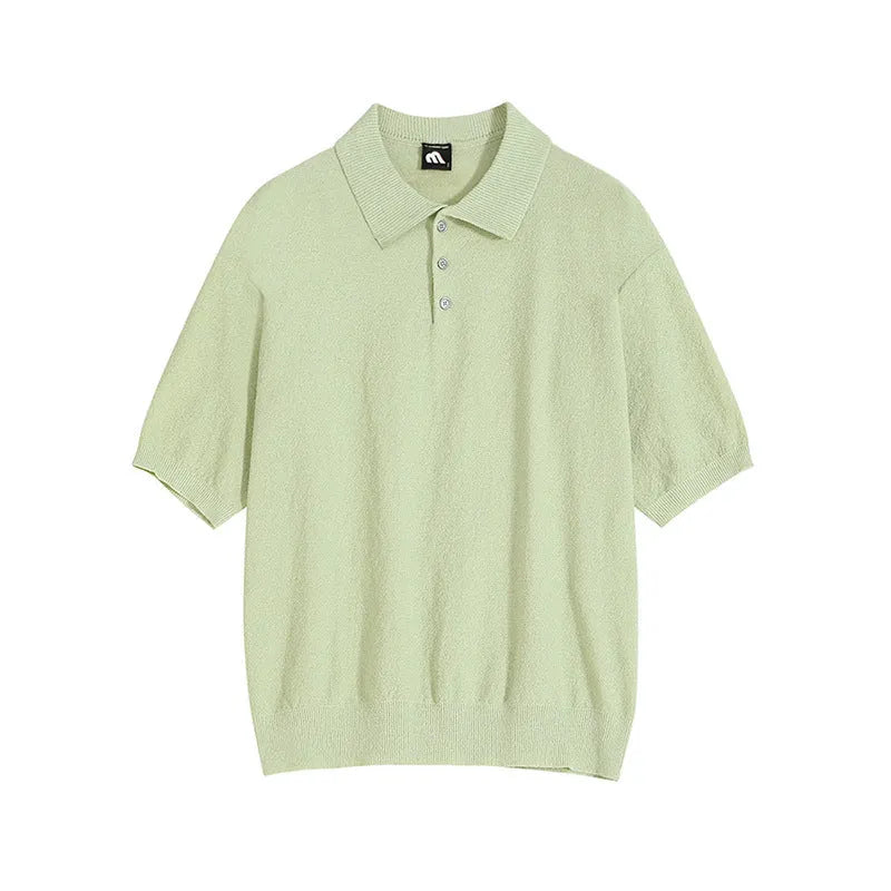 Men's caramel coloured retro knitted polo shirt with short sleeves and asymmetric design detail