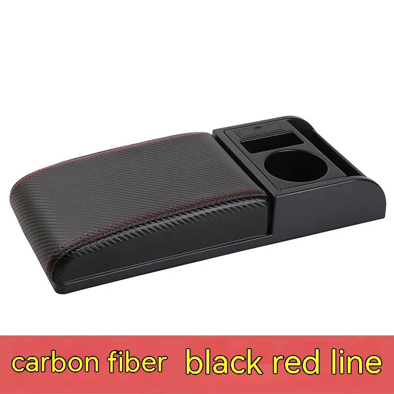 Universal car armrest cover in black with red decorative lines showing PU leather texture surface