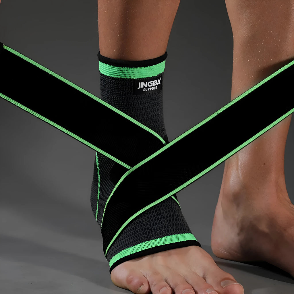 Sports ankle support in orange, black, and green colours shown for adult use in running and basketball.