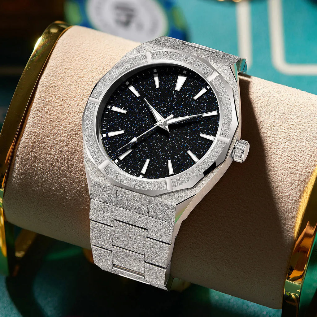 Men's stainless steel business watch with frosted case and luminous markers in black, gold and silver options