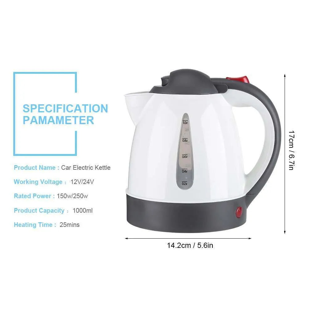 Travel kettle for vehicle use with 1000ml capacity and 12V power option