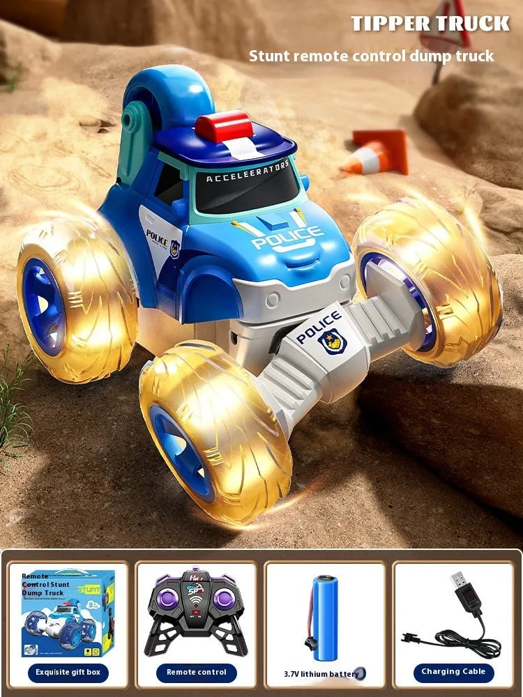 Remote control stunt car for children aged 4-6, plastic four-wheel drive toy with 360° tumbling and lights, blue or red style