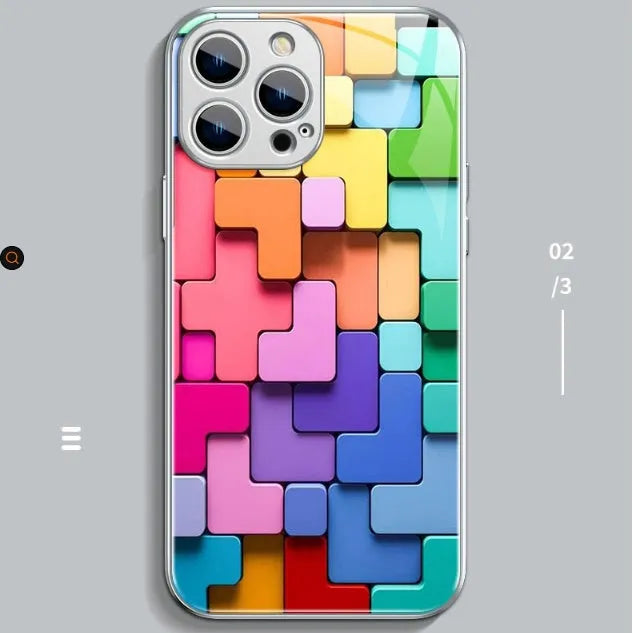Silicone iPhone case with colourful cartoon geometry pattern on the back.
