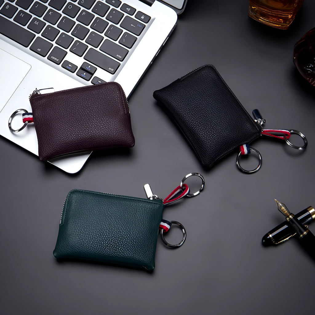 Men's ultra-thin leather zip coin purse in black, brown or green for cards, licence and keys