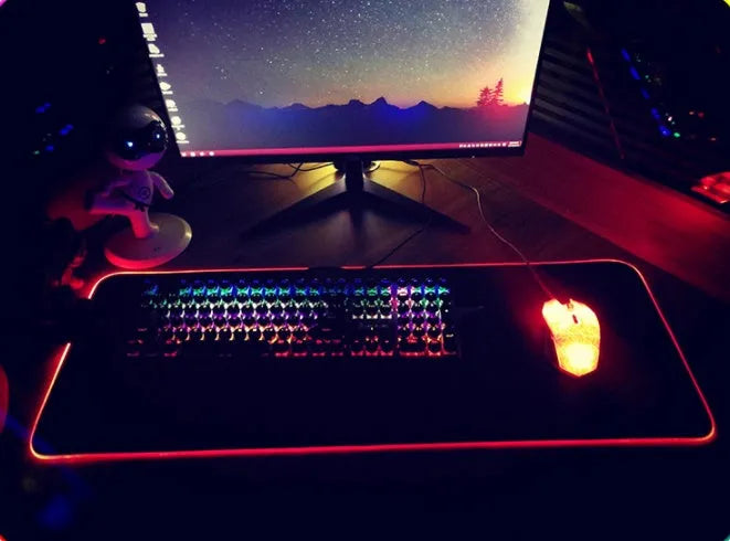 RGB luminous mouse pad with switch control, multiple sizes, 3mm or 4mm thickness, and 2m data cable included.