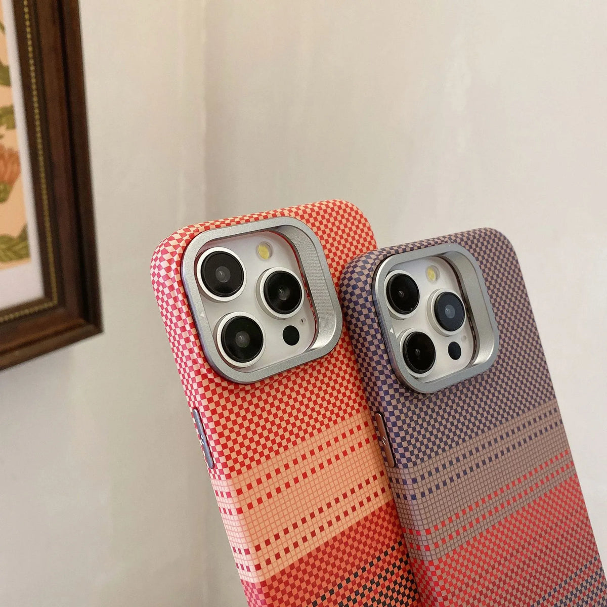 Magnetic phone case with metal lens holder and bracket for iPhone 14 Pro in Sunset Orange colour