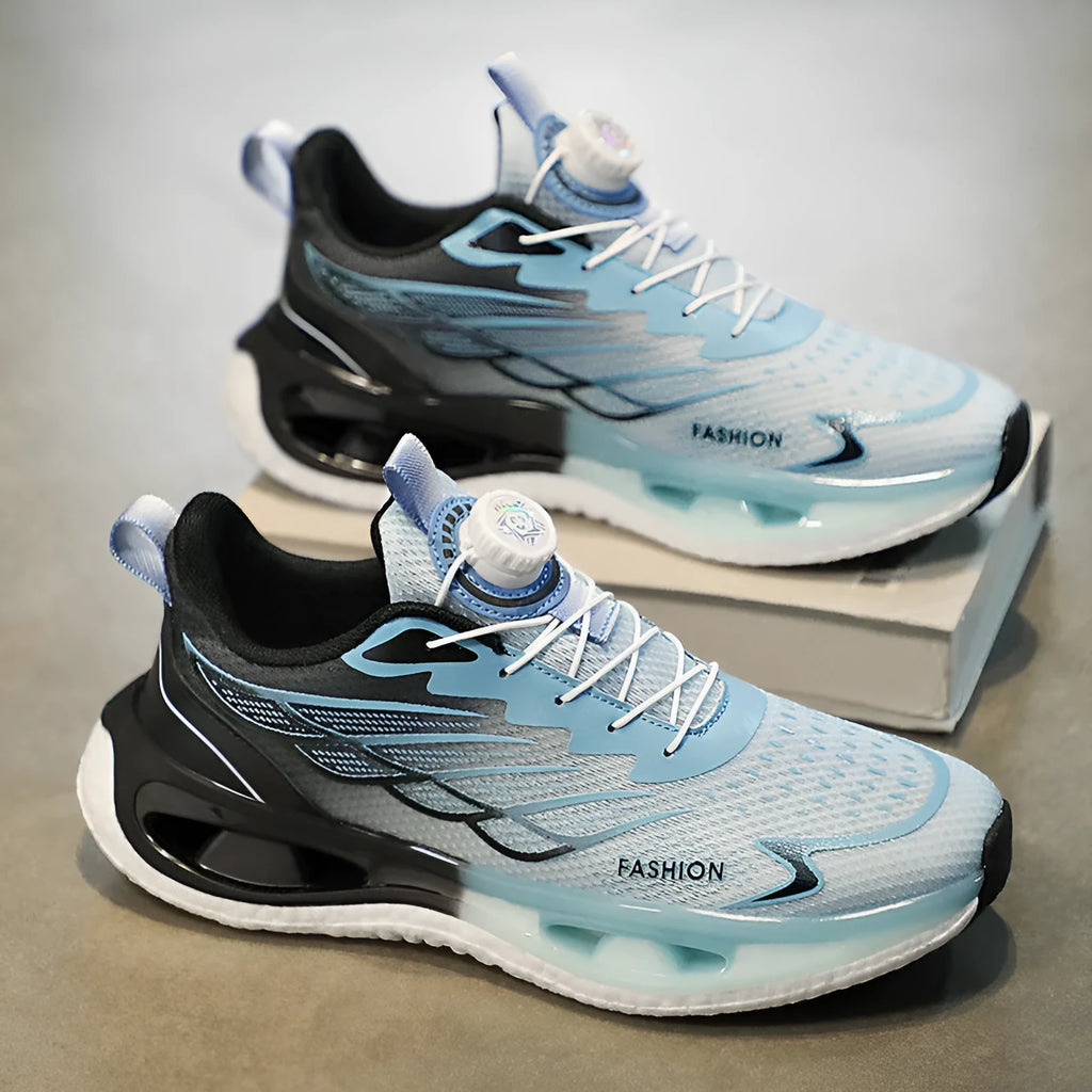 Men's low-top casual sneaker with a rotating button closure, shown in light blue, black, and white/blue colour options.