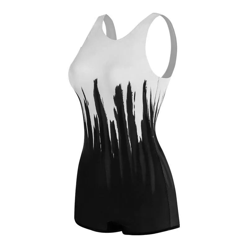 Conservative black printed sports one-piece swimsuit with polyester construction for swimming