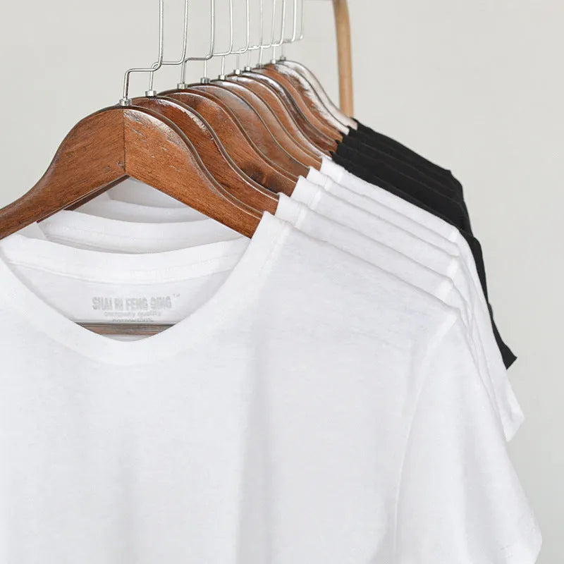Men's solid colour cotton T-shirt showing round neck and short sleeve design in available colour options