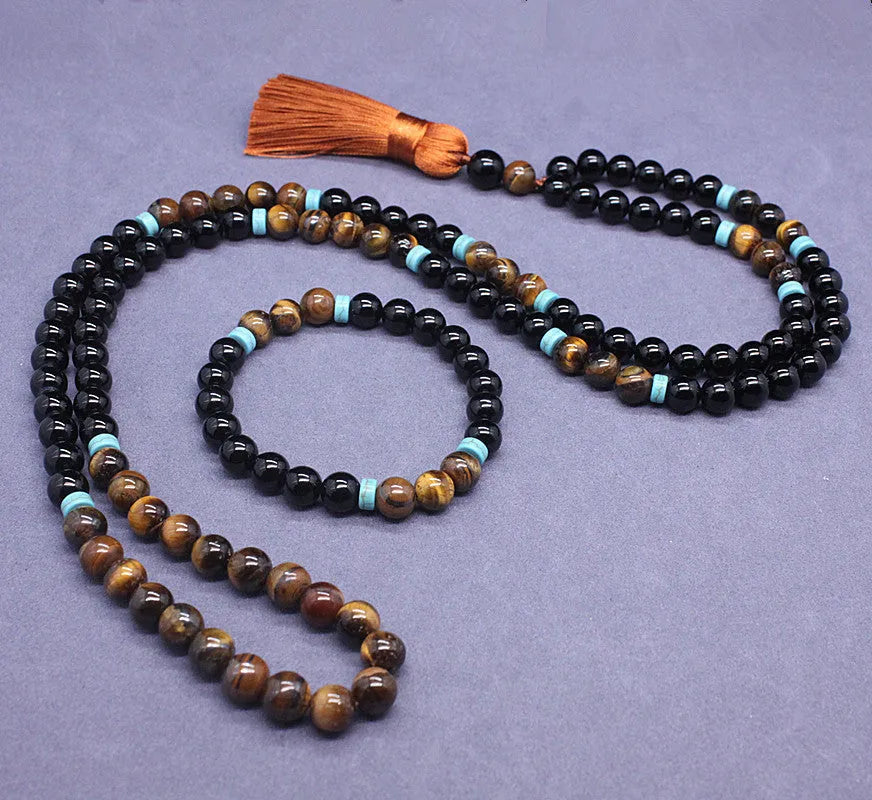 Black agate and tiger eye stone jewellery set with geometric bracelet and necklace