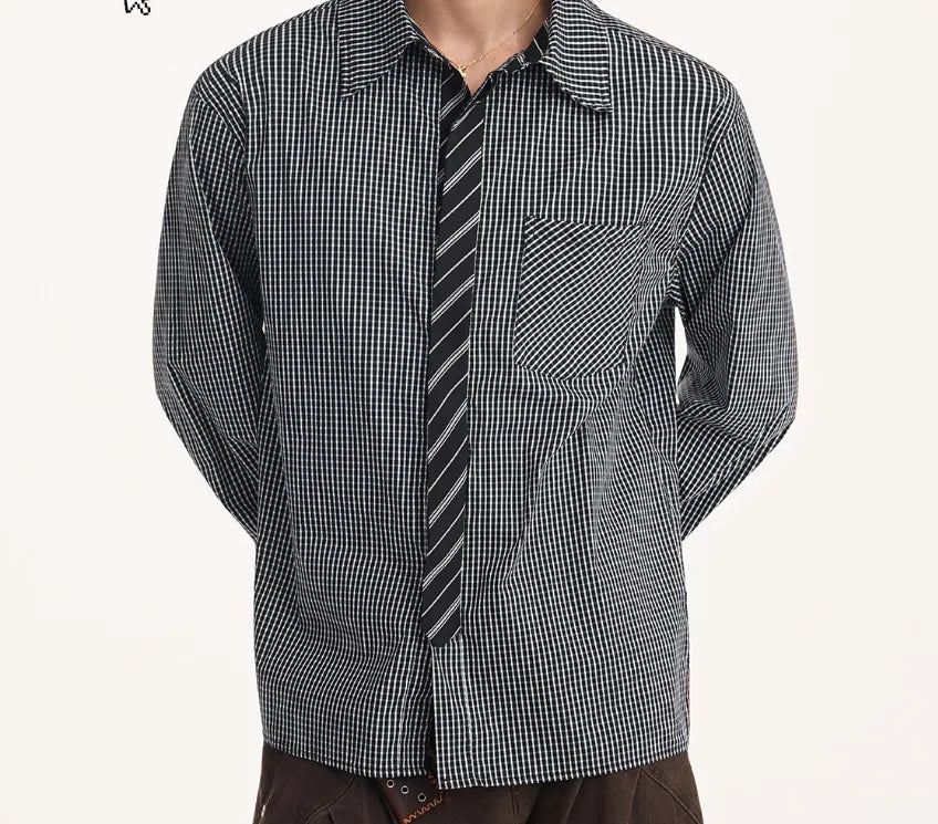 Men's fake two-piece tie shirt, long sleeve, loose fit, black or blue, cotton blend, non-ironing, autumn top
