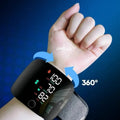 Black wrist blood pressure monitor with USB charging port and multilingual voice options.