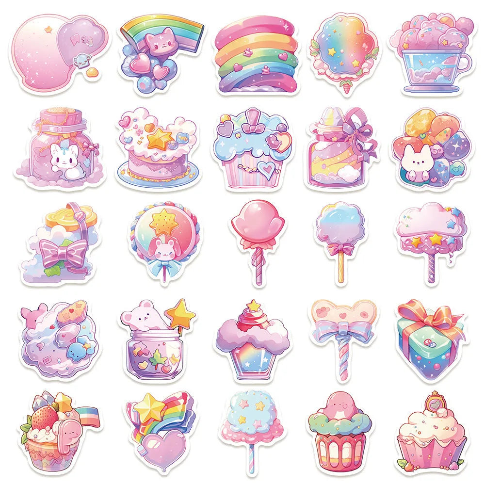 Pack of 50 fresh candy coloured waterproof decorative stickers with small object designs for journal decoration.